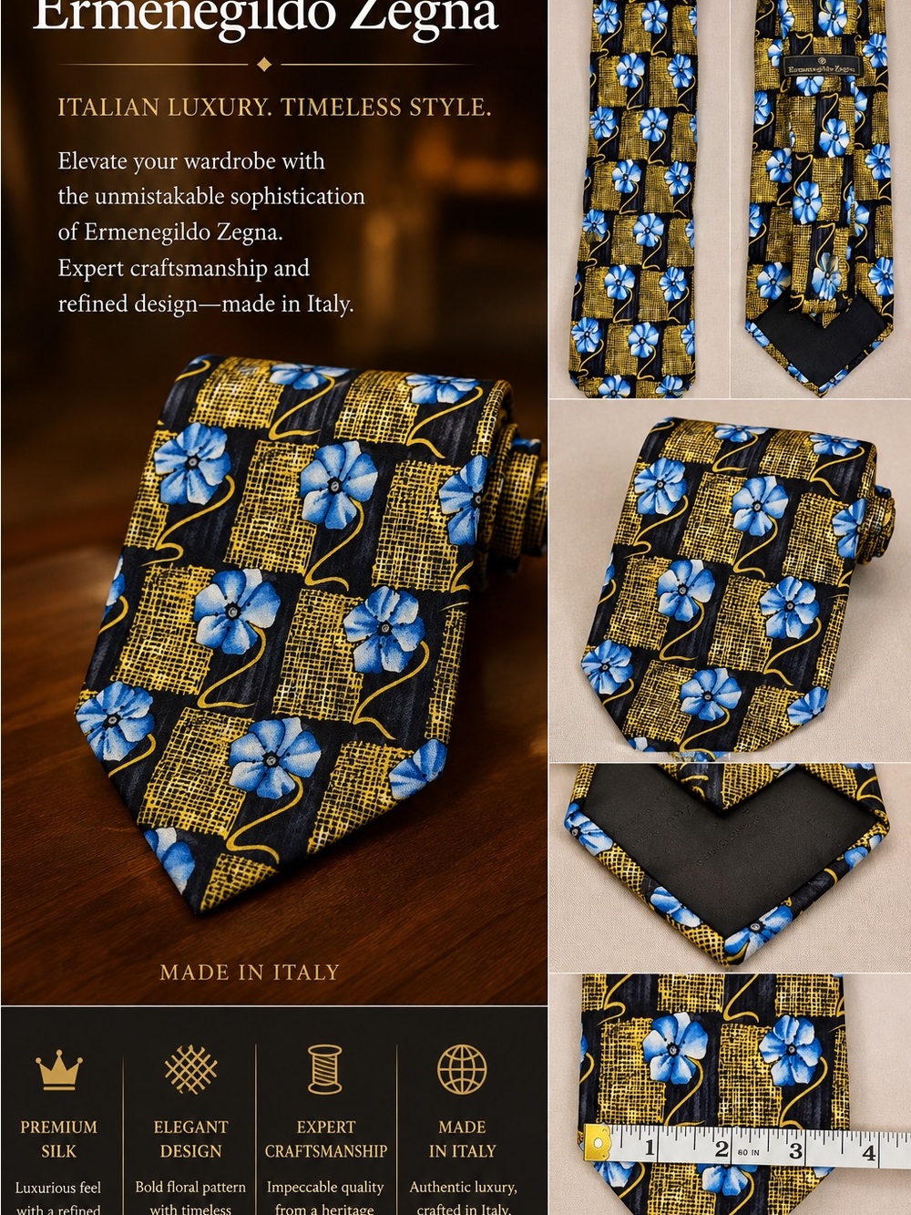 Ermenegildo Zegna Black Tie with Blue Floral & Gold Lattice Pattern